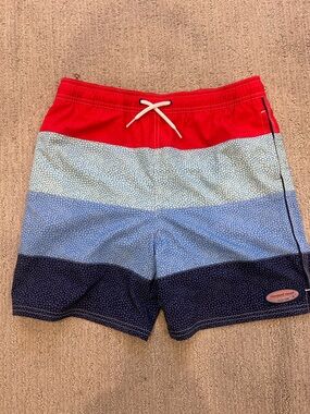 Vineyard Vines boys sz Large (16)  Red, Light Blue & Navy Striped Swim Shorts